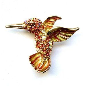 Vtg Hummingbird Rhinestone Multi Color Pin Brooch Gold Tone